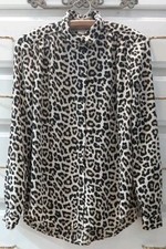 H M XS Cheetah Leopard Animal Print Button Front Collared Blouse Cuffed LS Top