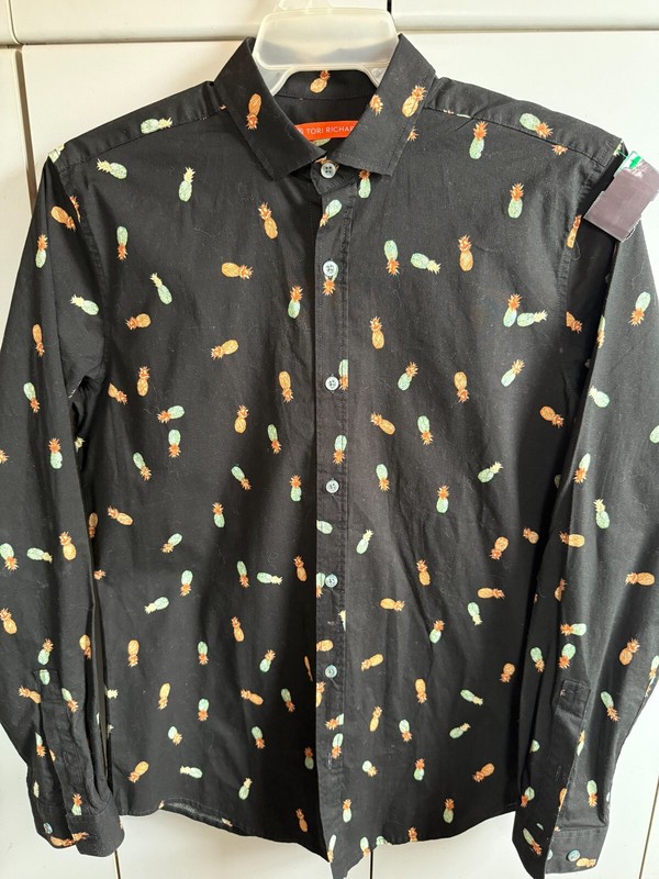 Tori Richard Mens XS  Mini Pineapple Print on Black Cotton/NWOT