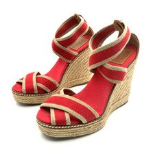 Tory Burch Frieda Wedge Sandals 7B Espadrilles RED Logo Vacation Casual Strappy