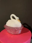 Fenton Swan covered nesting dish  OPAL Satin IRIDIZED Pink Chiffon signed Hall
