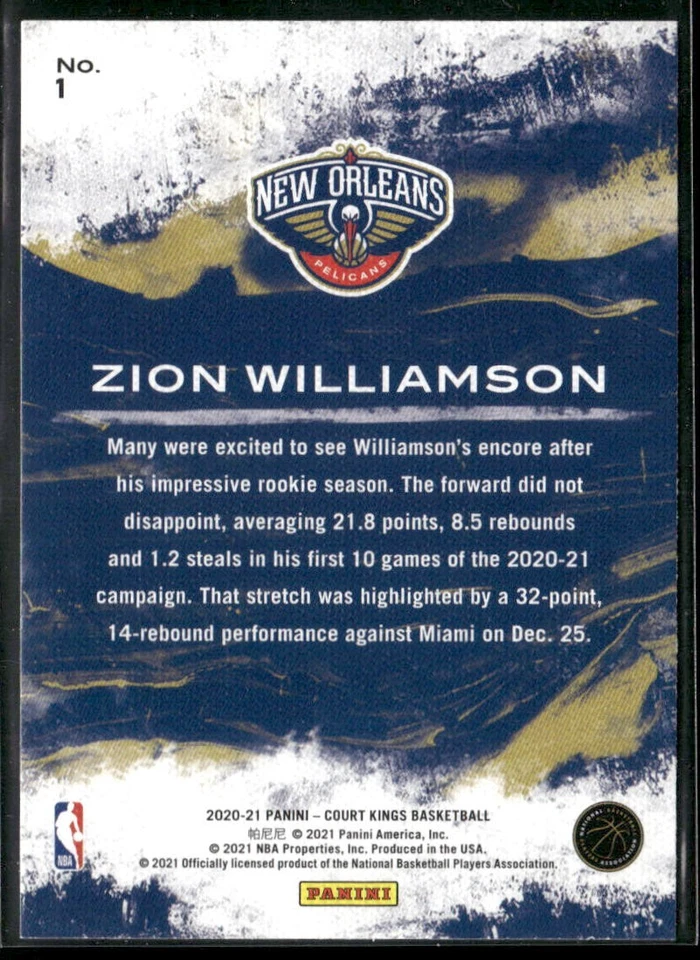 Zion Williamson 2020-21 Panini Court Kings #1 Modern Strokes Pelicans - Image 2 of 2