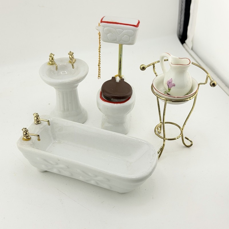 Vintage Miniature Dollhouse Bathroom Set Porcelain Tub Sink Toilet Washstand