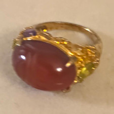Gold tone .925 Cocktail Ring Carved Scarab Carnelian w/ Amethyst Peridot Size7.5
