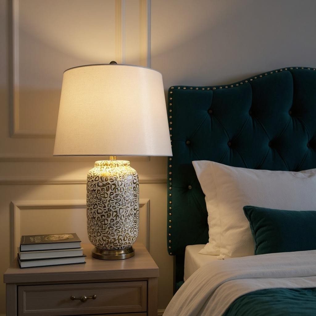 Cream Ceramic Table Lamp with Drum Shade 63cm – Modern Leopard Design & Print