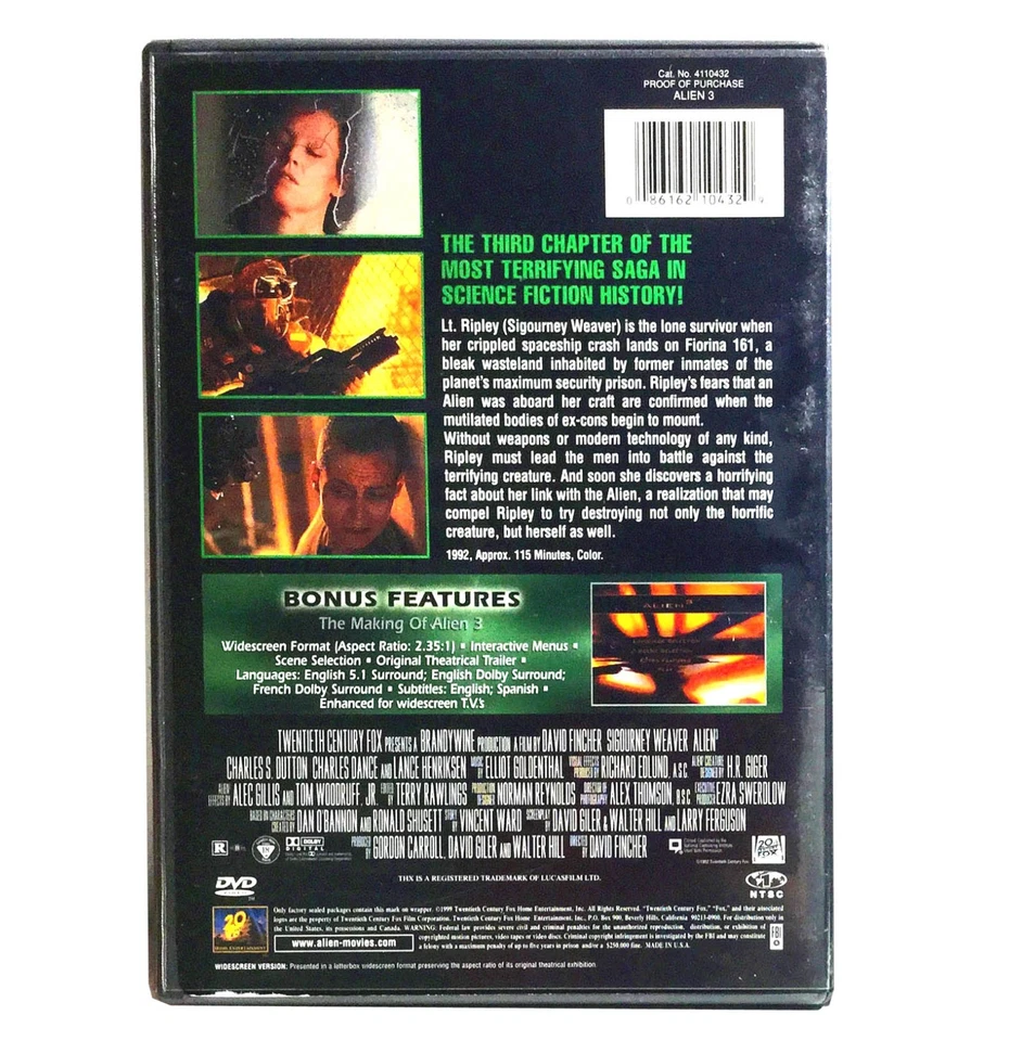 Alien 3 (DVD,1992, Widescreen) Like New !   Sigourney Weaver    Lance Henriksen - Image 2 of 3