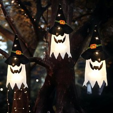 3Pcs Halloween Hanging Lighted Ghost Witch Hat Outdoor Decor String Light Prop