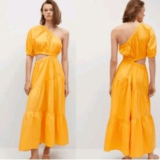 Mango Nieve Vent Orange Bright Yellow One Choulder Cut Out Tiered Maxi Dress M