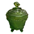 Vintage Jeanette Four Footed Green Grape Leaf Glass Candy Dish With Lid