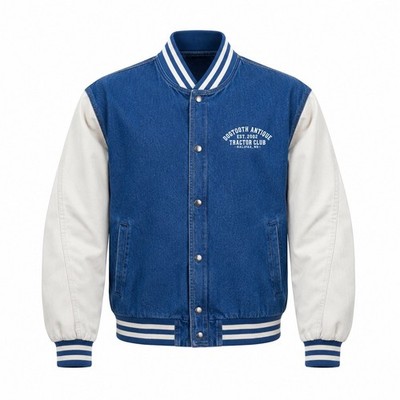 Tri-Mountain Denim Varsity Jacket mens Large Blue Dogtooth Antique Tractor Club