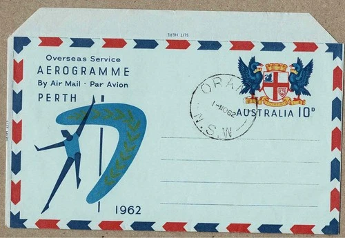 Australia 1962 Perth Commonwealth Games Aerogramme  NSW Postmark Orange