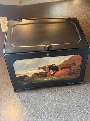 Red Shed Home & Gifts Metal Bread Box Cattle Scene Farmhouse AS-IS Door