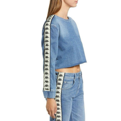 Kappa Women's Denim Cropped Logo Tape Crew Neck Pullover Sweatshirt Blue XL