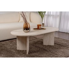 Travertine Marble-Design Coffee Table with Oval Top, 46.9 Inch Wide