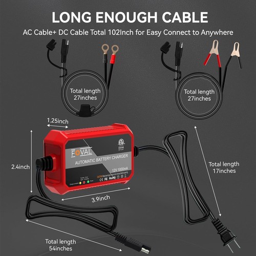 12V Smart Battery Charger & Maintainer: Automatic Trickle Charger 1A - Picture 5 of 10
