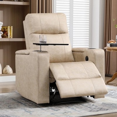 Beige Leather Home Theater POWER Recliner Arm Chair Recliners Armchair Recling