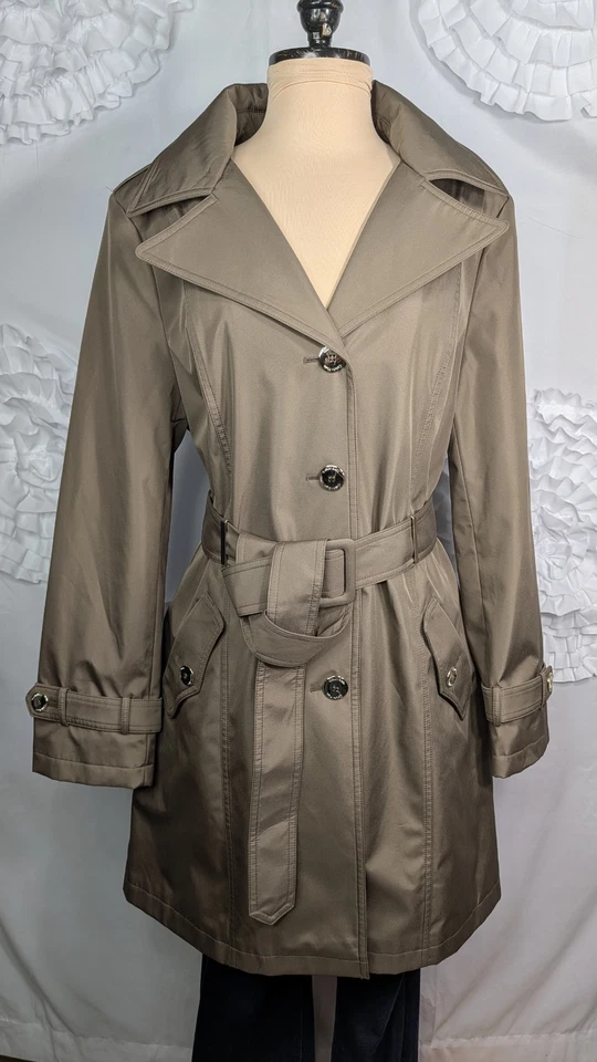 Calvin Klein Women's Large Trench Coat Taupe/ Beige Gold Lining Silver Button  - Image 2 of 4