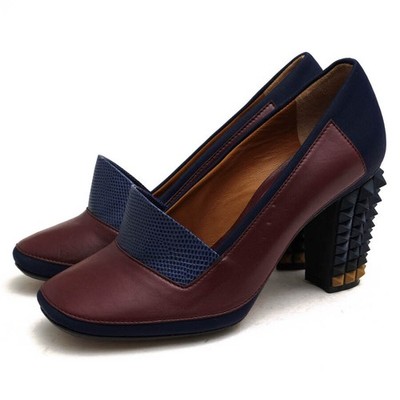 Fendi Pumps Bicolor Studs Calf Leather Navy Women's Size EU36/US6