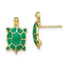 14k Yellow Gold Land Turtle with Green Enamel Post Stud Earrings