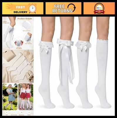4 Pairs Lace Ruffle Knee High Socks with Bow Trim for Women & Girls, Dressy Stoc