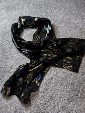 Lightweight Rectangle Accent Scarf 10”x60" Paisley Black Gold Blue Metallic XMAS