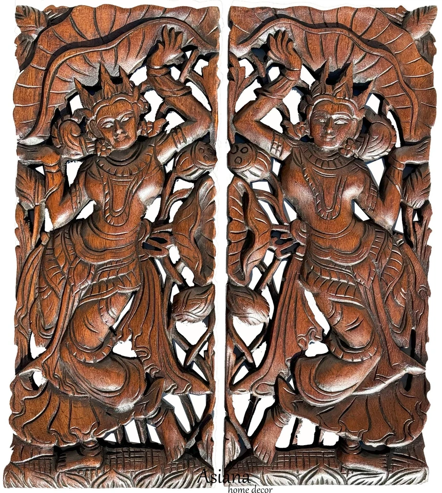 Panel de arte de pared de madera tallada Asiana decoración del hogar madera de teca 7,5"x17,5" extra grueso Foto 2 de 4