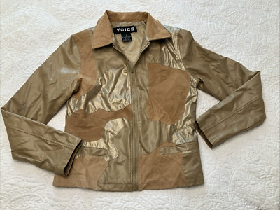 Voice junior s tan faux leather fitted jacket zip up suede abstract size S