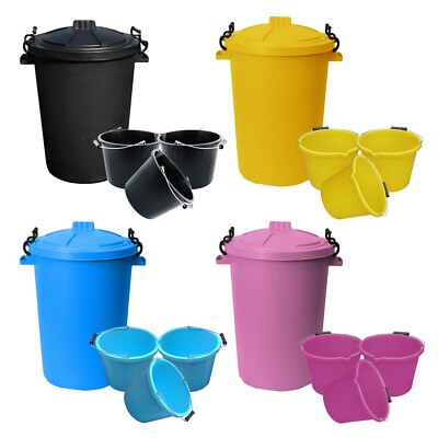 Kombipack 50L Mülleimer + 3 x 3 Gallonen Eimer Pferd Haustier Futter Aufbewahrung Farbe wählbar