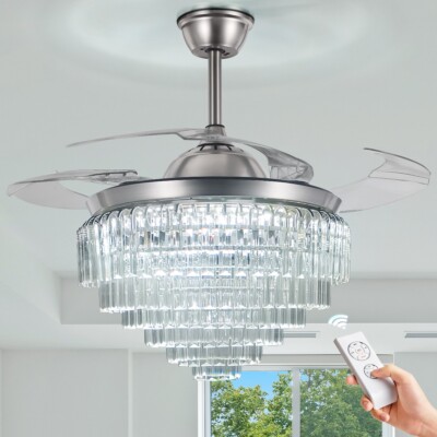 42''Crystal Chandelier Retractable Blades Fan LED Light 3-Color Remote