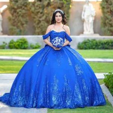 Royal Blue Ball Gowns Quinceanera Dresses Glitter Appliques Beading Bow Sweet 16