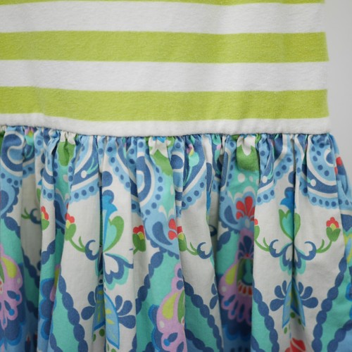ELEANOR ROSE Girls 4-5 Green striped & blue floral stretch dress flutter sleeve - Picture 4 of 10