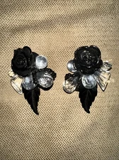 Vintage Black Molded Plastic Rose Flower Earrings Set