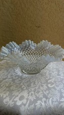 ELEGANT ANTIQUE 1940's FENTON WHITE OPALESCENCE HOBNAIL RUFFLED CANDY DISH BOWL