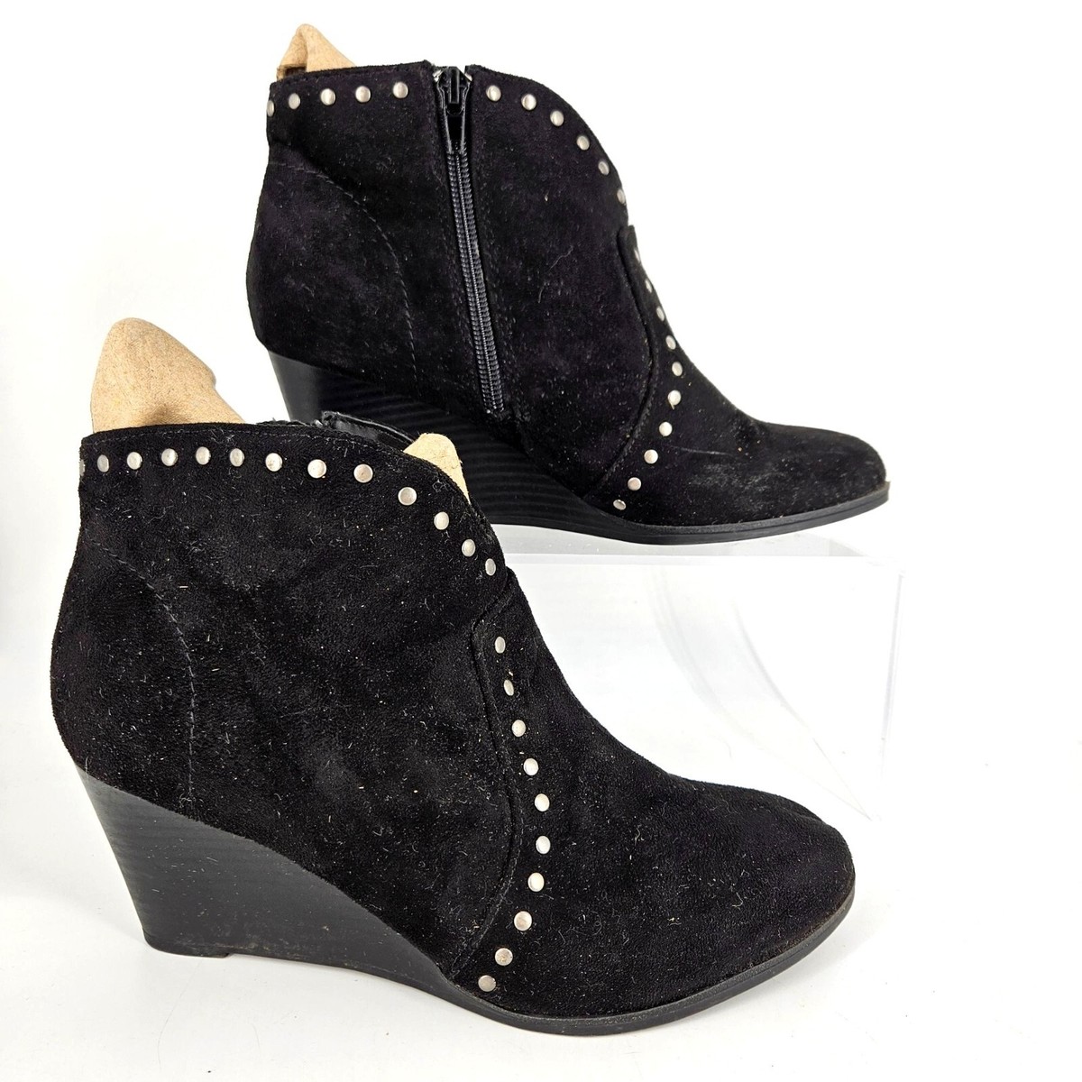 Ankle Bootie Wedge Boots Shoes Hidden Heel N Black Suede Rhinestone  Zipper