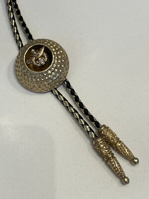 VERY RARE Gold Toned Shriners Masonic Bolo Tie Circle w/ Clear Stone, Leather