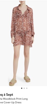 Cinq à Sept Woodblock Print Long Sleeve Cover Up Sequoia/ivory Dress Size S $398
