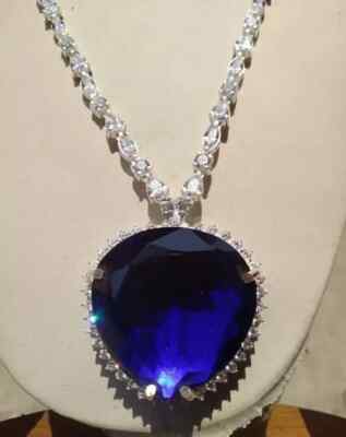 4Ct Lab Created Sapphire Titanic Heart Of The Ocean Necklace 14k White Gold Over