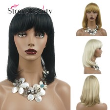 Straight Short Black Blonde Bob Wigs With Bangs Natural with Highlight For Women