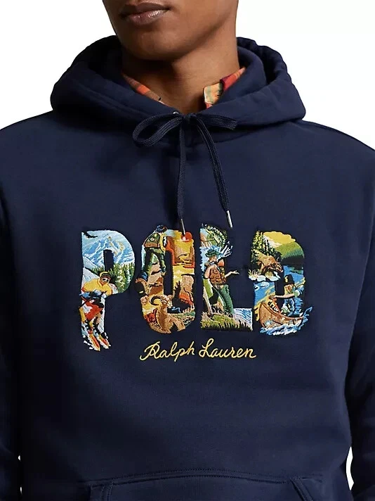NWT Polo Ralph Lauren Navy Blue Outdoor Inspired Embroidered Logo Hoodie Sz M