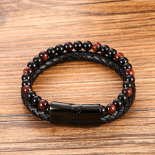 Men's Leather Bracelet, Natural Stone Hand Woven Beaded Bracelet