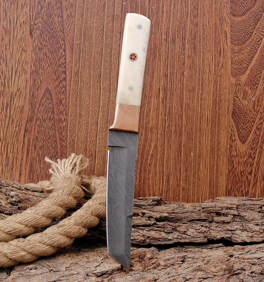 HAND FORGED DAMASCUS STEEL TANTO POINT HUNTING KNIFE & BONE HANDLE+SHEATH AH2005 - Image 3 of 4