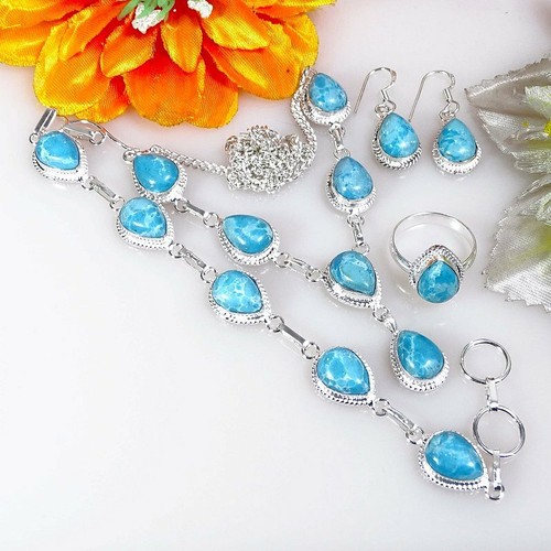 Ensemble De Bijoux En Argent 925 Et Larimar - Fait Main - Collier, Bague, Boucles, Bracelet