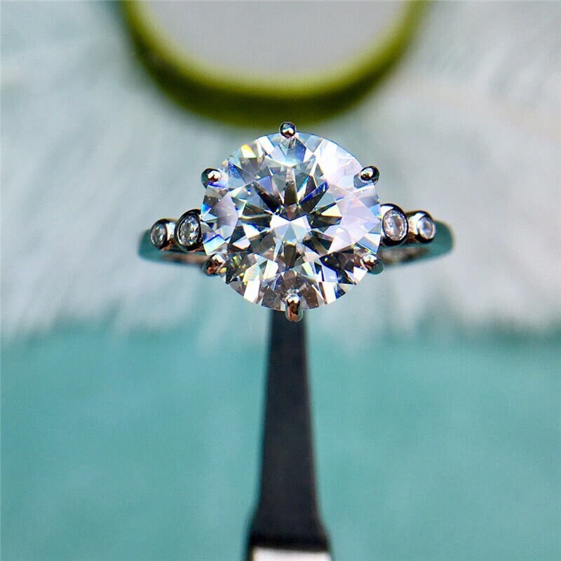 4 Carat Round Cut Moissanite 6 Prong 5 Stone Scalloped Shank VVS D 14K Ring