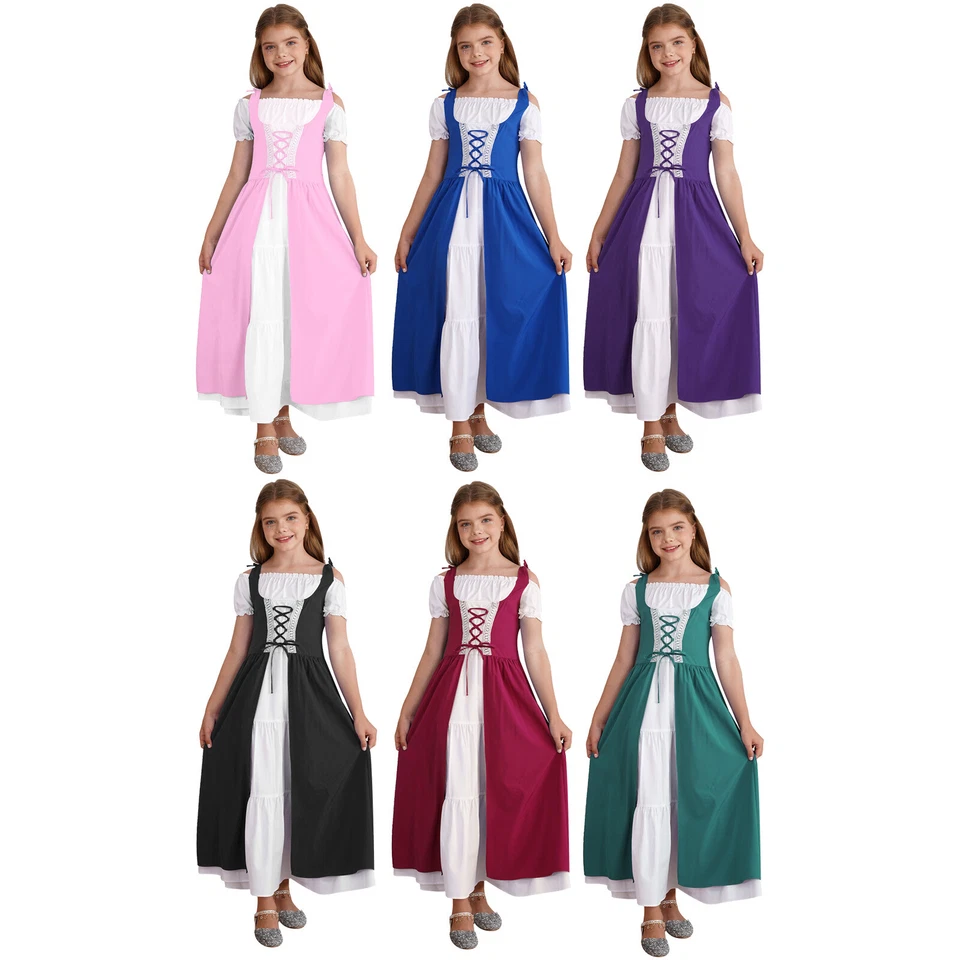 UK Kid Girl Renaissance Dress Medieval Halloween Costume Flare Sleeve Ball Gown - Image 4 of 4