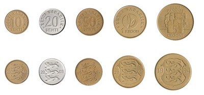 Estonia 1 Kroon - 50 Senti 5 Pieces Set, 1991-2008, KM #22-44, Mint