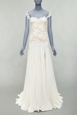 REEM ACRA 2014 Runway cream silk nude lace wedding gown US0 XS
