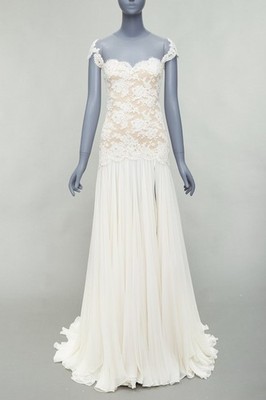 REEM ACRA 2014 Runway cream silk nude lace wedding gown US0 XS