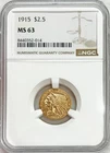 1915 GOLD USA $2.50 INDIAN HEAD QUARTER EAGLE COIN NGC MINT STATE 63