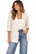 Old Navy Linen Blend Blazer Jacket M Cream Office Boho Minimalist Utility Preppy