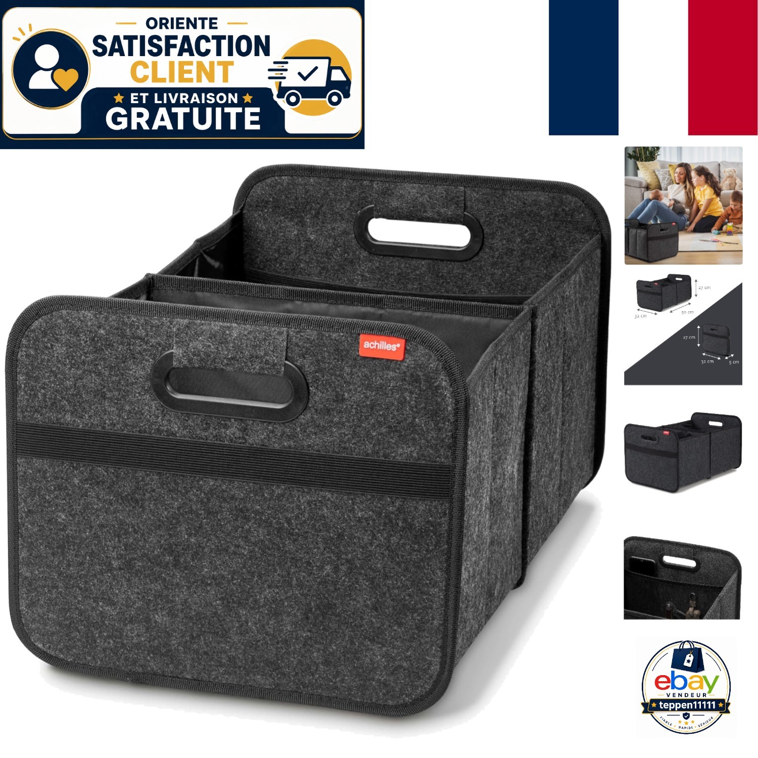 Sac de coffre pliable anthracite : grand bac de rangement auto à compartiments