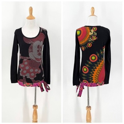 Desigual Disney Minnie Mouse Top Womens Medium Black Long Sleeve Tie Waist Tunic